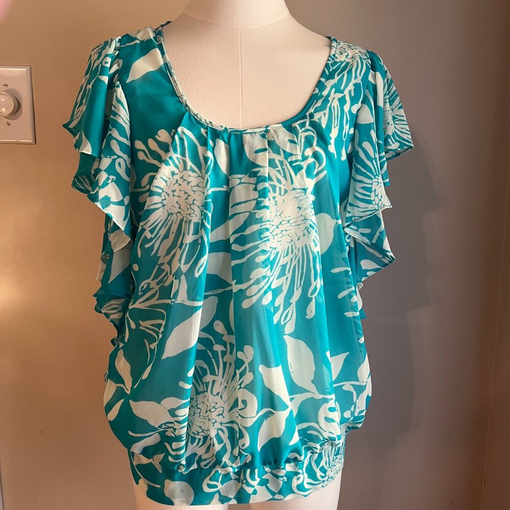 Black Rainn Turquoise Sleeveless Floral Blouse Medium